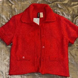 Red Short Sleeve Button-Up Cardigan Sweater